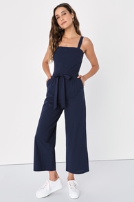 Lucky For Me Navy Blue Cotton Sleeveless Cropped Jumpsuit