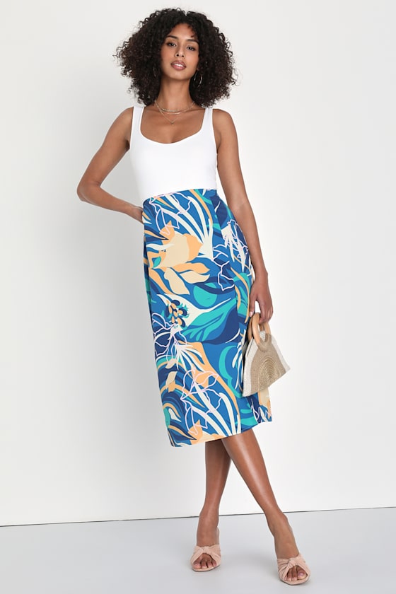 Adorably Bold Blue Satin Abstract Print Midi Skirt 1
