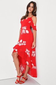 Love in Bloom Red Floral Print Off-the-Shoulder High-Low Dress