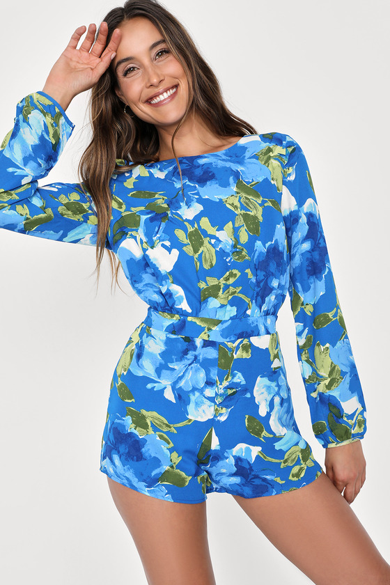 Cute Floral Print Romper - Backless Romper - Royal Blue Romper - Lulus