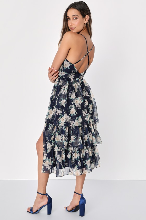 Navy Floral Midi Dress - Ruffled Dress - Backless Chiffon Dress - Lulus