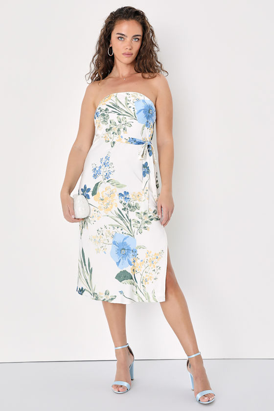 Lulus Season Of Bliss White Floral Print Satin Strapless Midi Dress In White