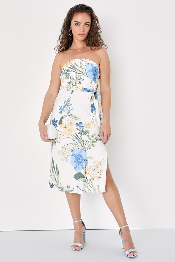 White Floral Print Dress - Satin Dress - Strapless Midi Dress - Lulus