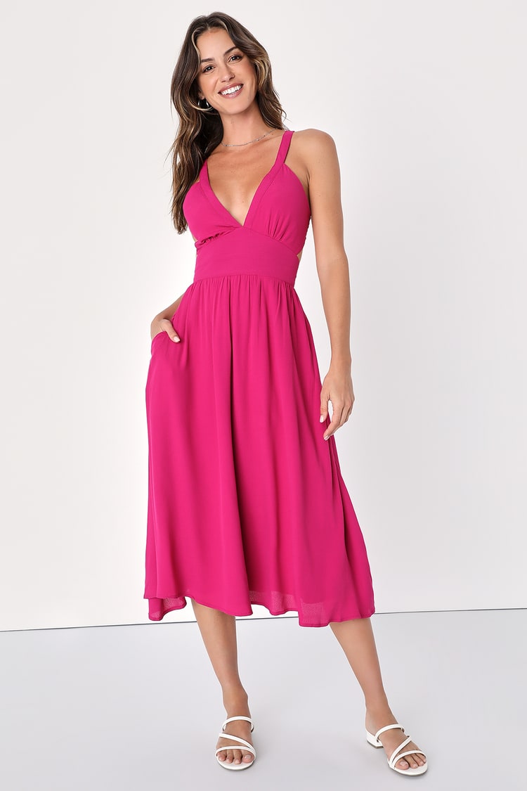 Magenta Midi Dress - Tie-Back Dress - Midi Dress with Pockets - Lulus