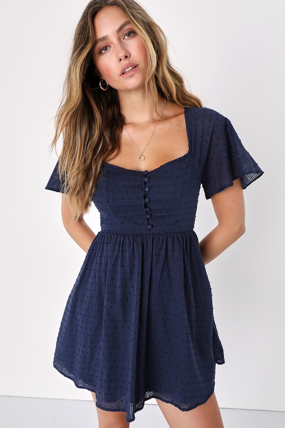 Navy Blue Mini Dress - Swiss Dot Dress - Flutter Sleeve Dress - Lulus
