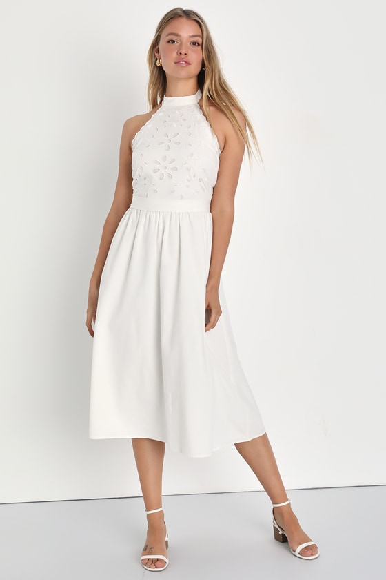 Lulus Sayulita Scene Ivory Embroidered Belted Halter Midi Dress