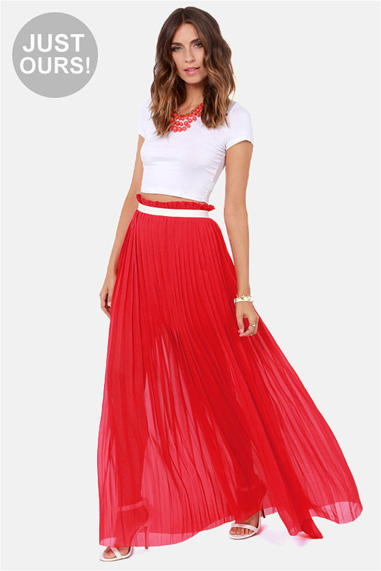 long pleated red skirt
