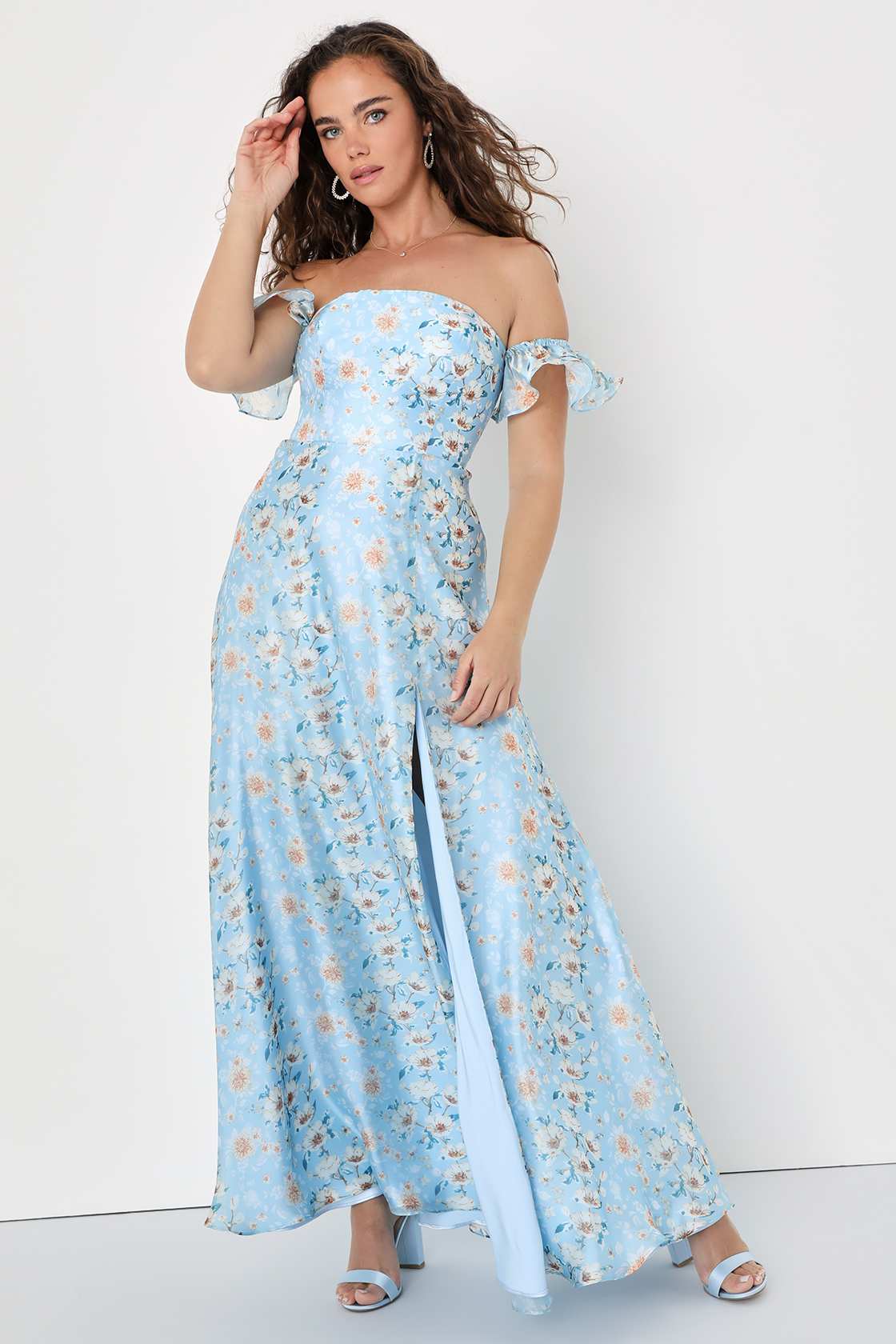 Elegant Dark Blue Long Sleeve Off Shoulder Chiffon Organza Maxi Dress