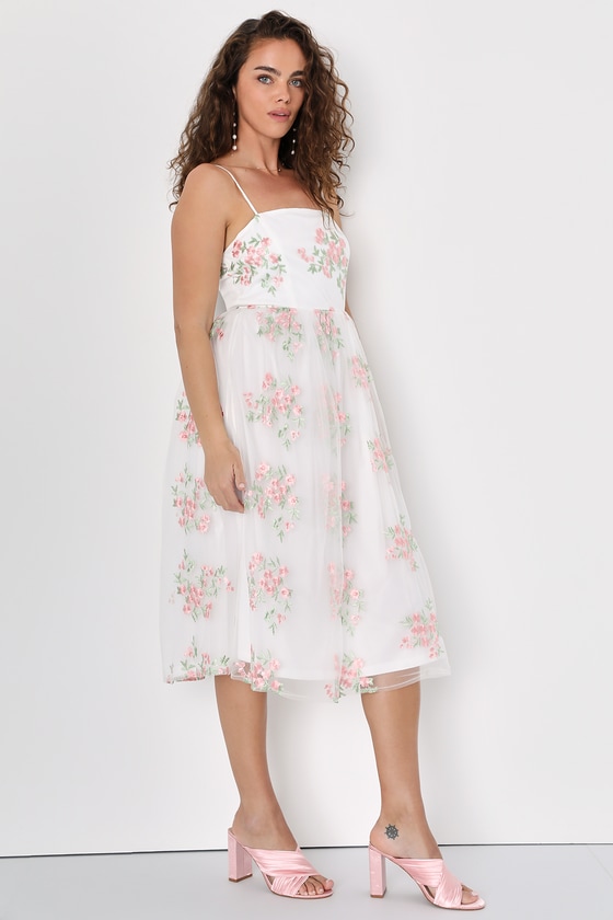 Lulus Celebrating Sweetness White Floral Embroidered Tulle Midi Dress