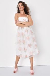 Celebrating Sweetness White Floral Embroidered Tulle Midi Dress