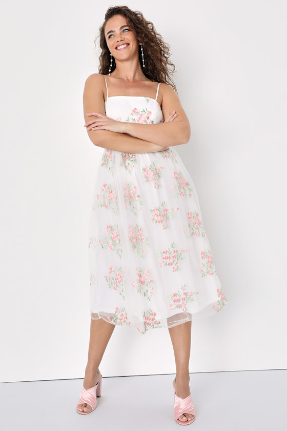 Whimsical Wildflower Embroidered Tulle Midi Dress