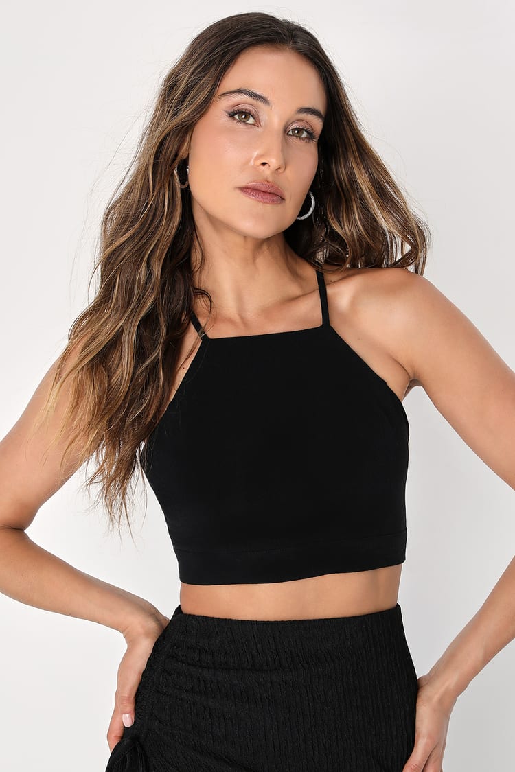 Sail With Me Black Tie-Back Cropped Tank Top