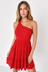 Adorable Sight Red One-Shoulder Tiered Mini Dress