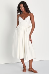 Perfect Cutie White Linen Sleeveless Wrap Midi Dress