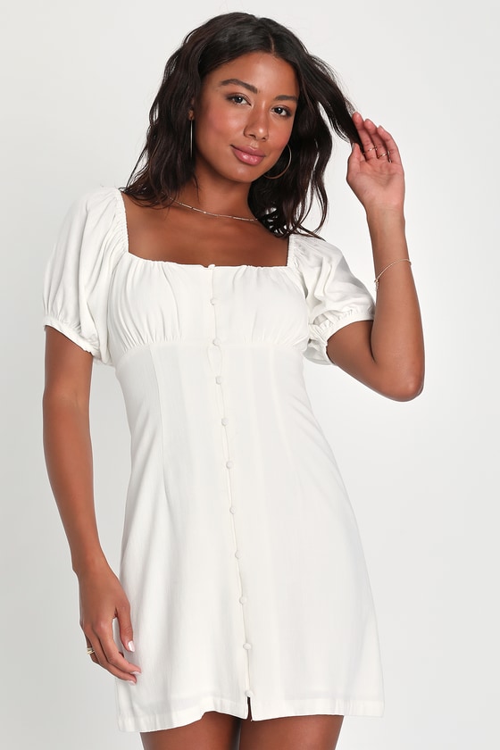 Lulus Sweetest Darling White Linen Puff Sleeve Button-up Mini Dress