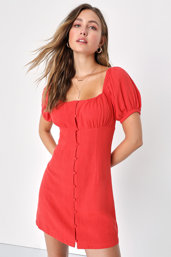 Lulus Sweetest Darling Red Linen Puff Sleeve Button-up Mini Dress