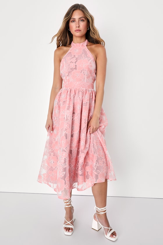 Lulus Gorgeous Look Pink Floral Burnout Halter Midi Dress