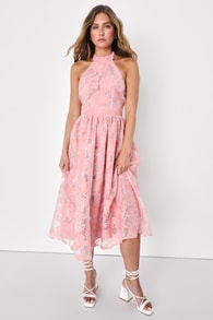 Gorgeous Look Pink Floral Burnout Halter Midi Dress