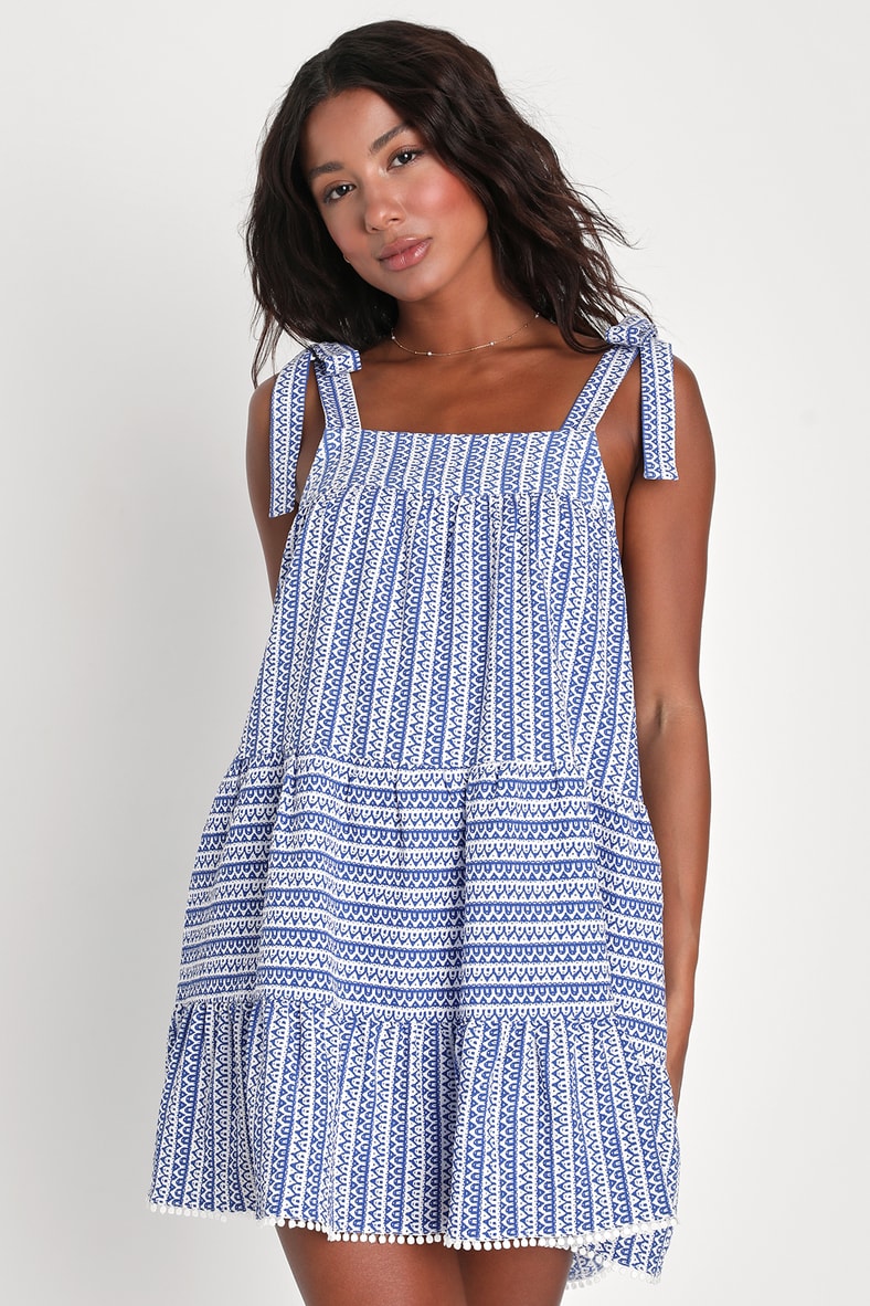 Chic in Santorini White and Blue Tie-Strap Dress With Pockets