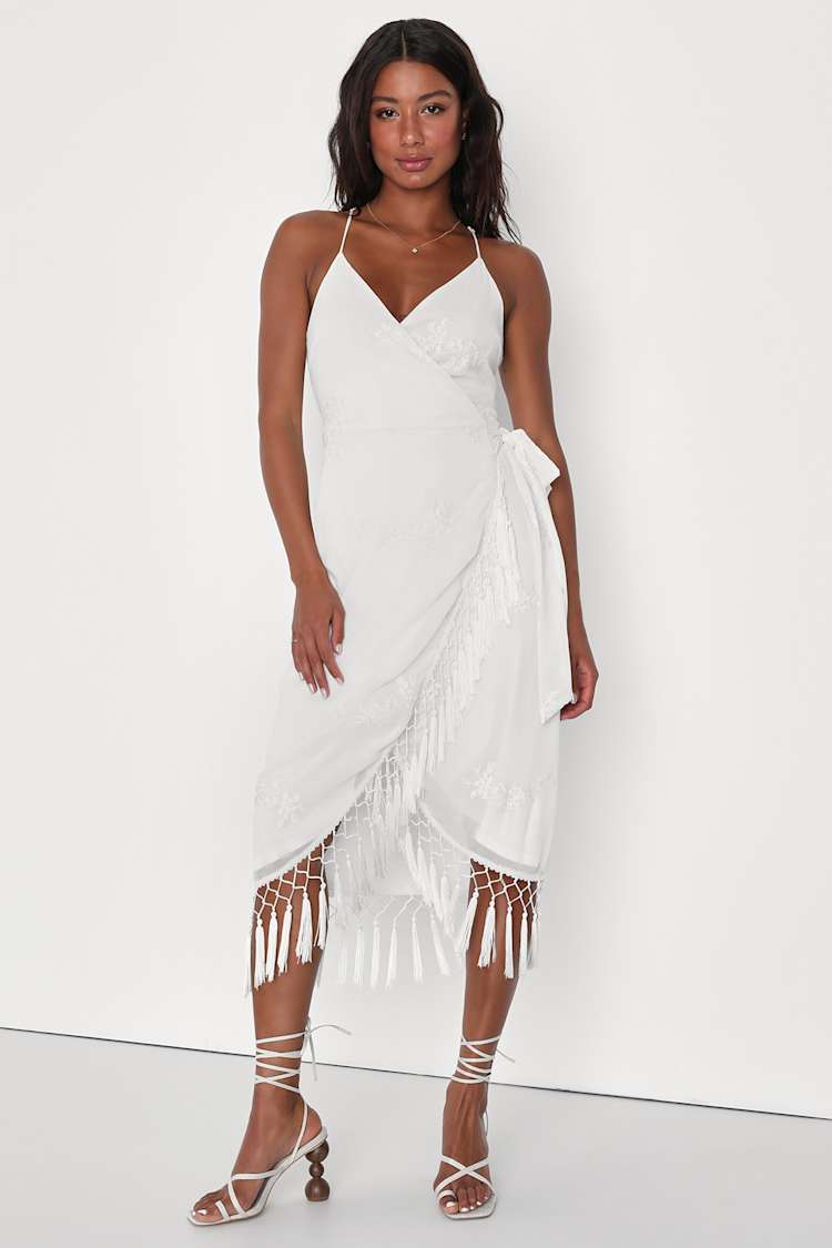 White Embroidered Dress - Midi Wrap Dress - Fringe Trim Dress