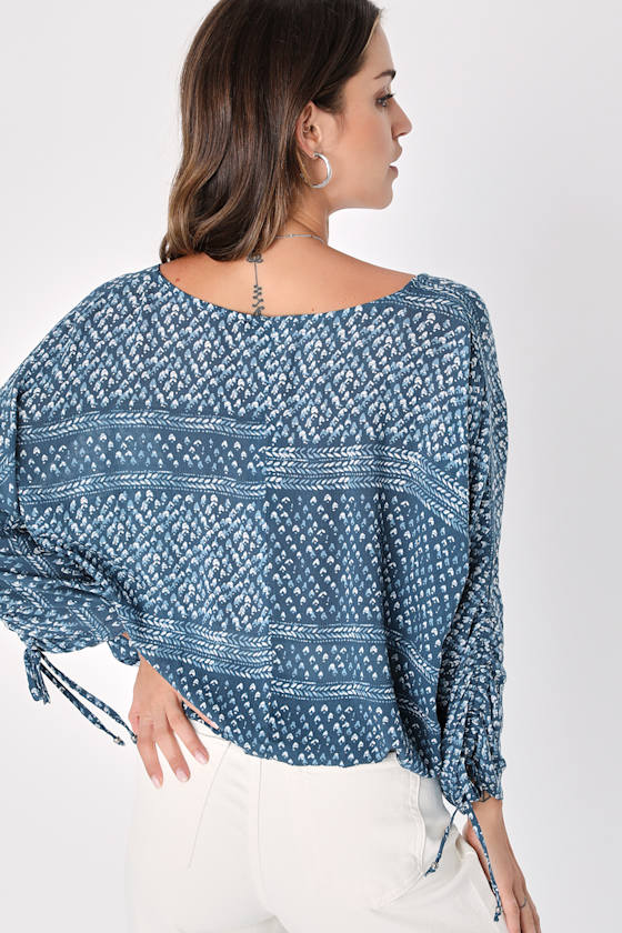 Carrissa Blue Print Long Sleeve Button Front Top 10