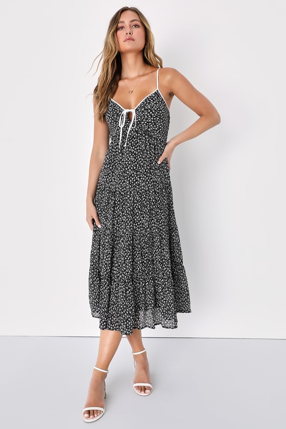 Black Floral Print Dress - Tiered Sleeveless Dress - Midi Dress - Lulus