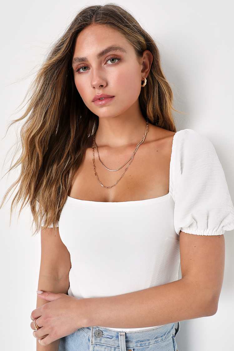 Abundance of Love White Textured Puff Sleeve Tie-Back Bodysuit