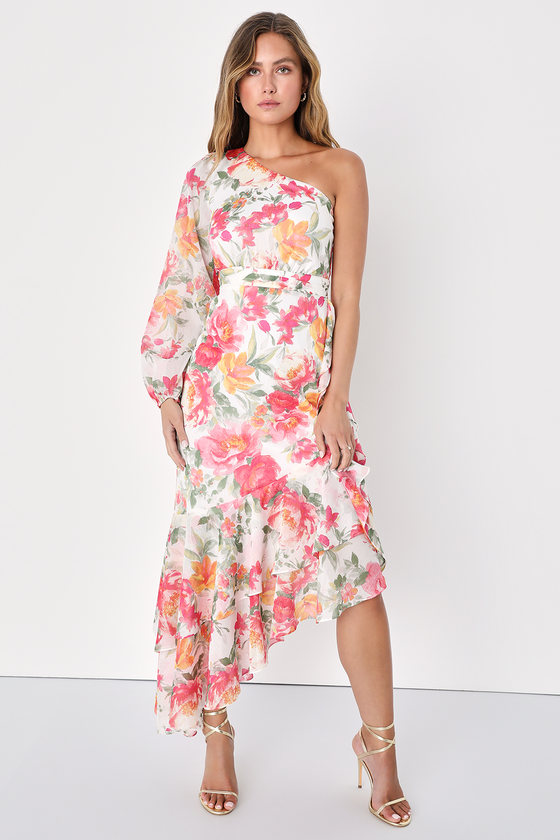 White Floral Dress - Asymmetrical Dress - High-Low Ruffled Dress - Lulus