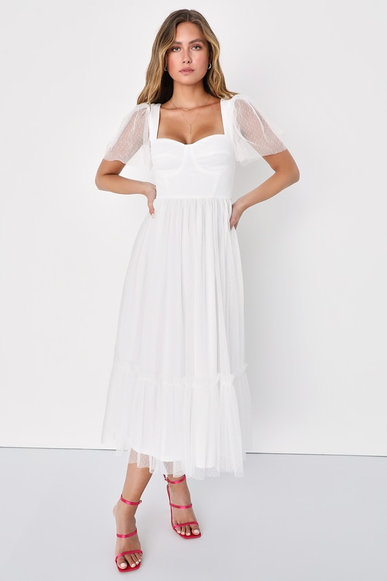 lulus.com | White Tulle Bustier Swiss Dot Midi Dress