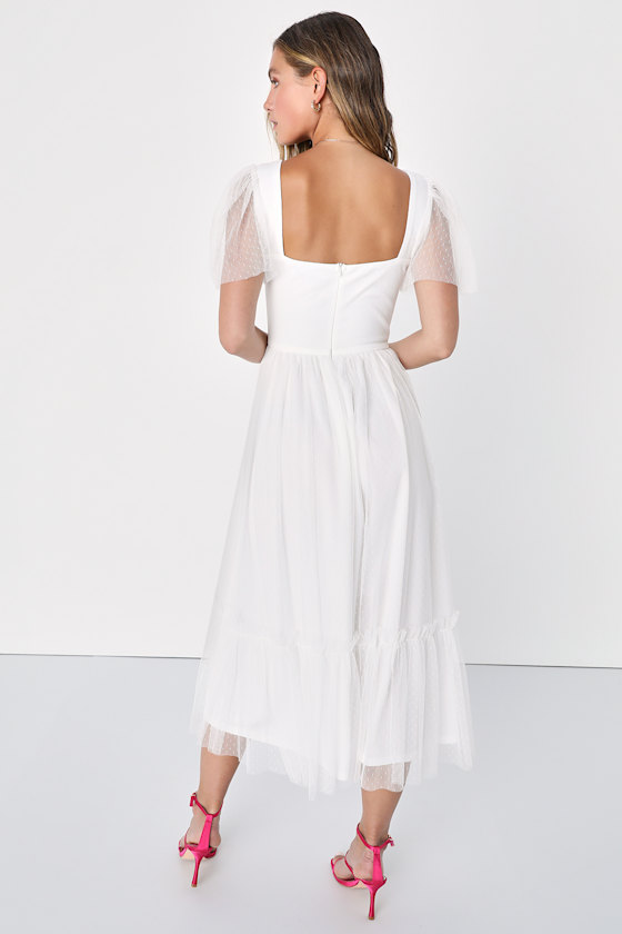 ◆Loulouseoul◆ 1970s Off Shoulder Dress Ivory S12677 White Tulle Midi Dress - Bustier Dress - Swiss Dot Midi