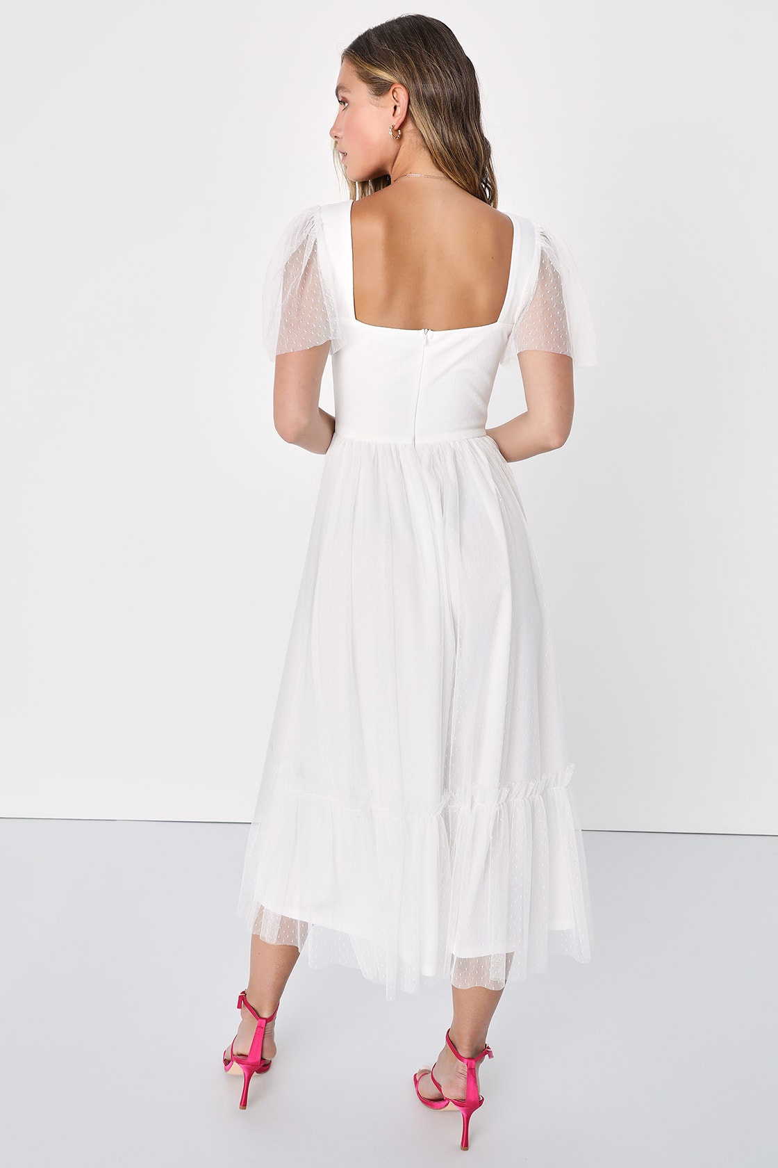 Dreamy Celebration White Tulle Bustier Swiss Dot Midi Dress