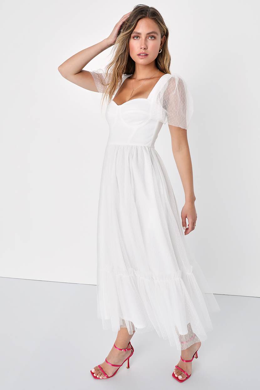 white swiss dot midi dress Lulus | White Swiss Dot Ruched Tulle Midi Dress | Womens | X-Large (Available in XS)