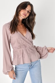 Loving Arms Taupe Lace Long Sleeve Peplum Top