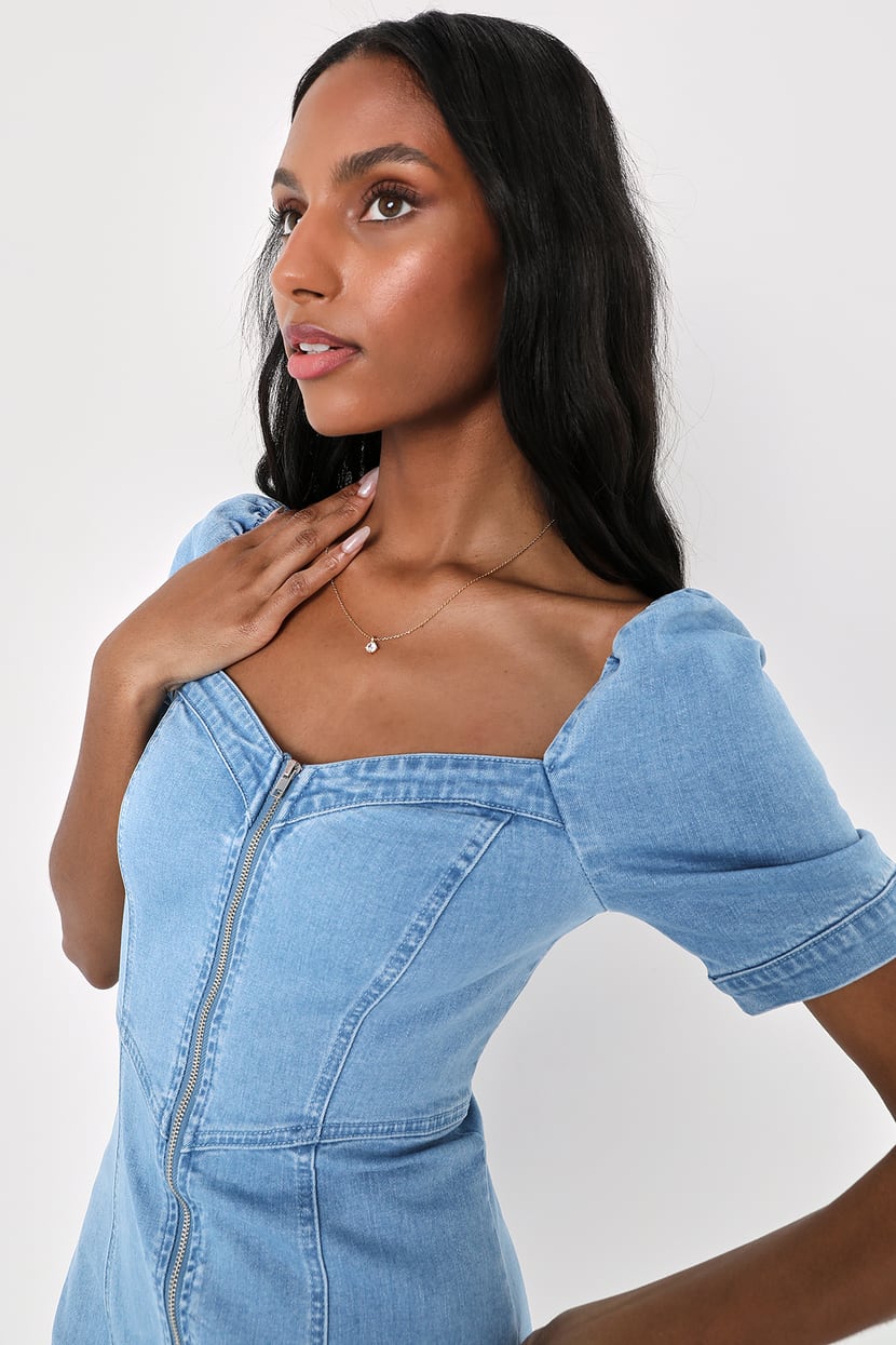 Trending Vibe Medium Wash Zip-Front Denim Dress
