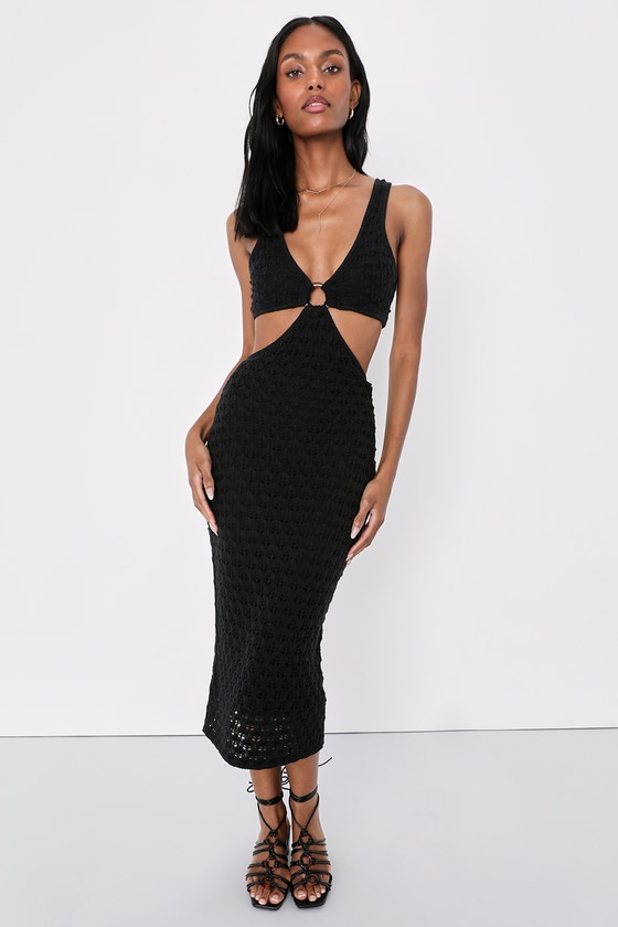 Lulus Beachside Bliss Black Knit Cutout Sleeveless Midi Dress