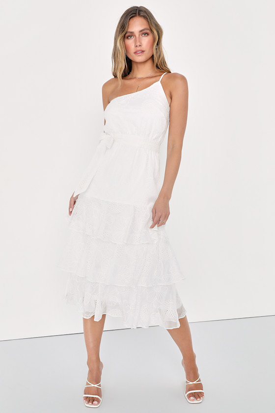White Hand Embroidered One Shoulder Ruffle Dress With Net Ruffles & Cutwork Detailing main image 1