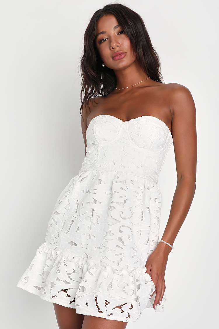 White Crochet Lace Dress - Strapless Bustier Dress - Mini Dress - Lulus