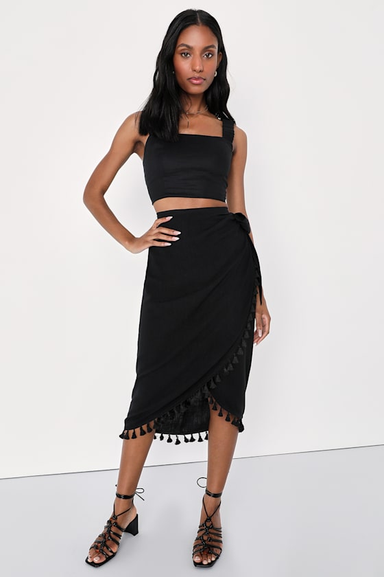 Black Linen Midi Tasseled Faux Wrap Skirt Wrap Midi Skirt Lulus