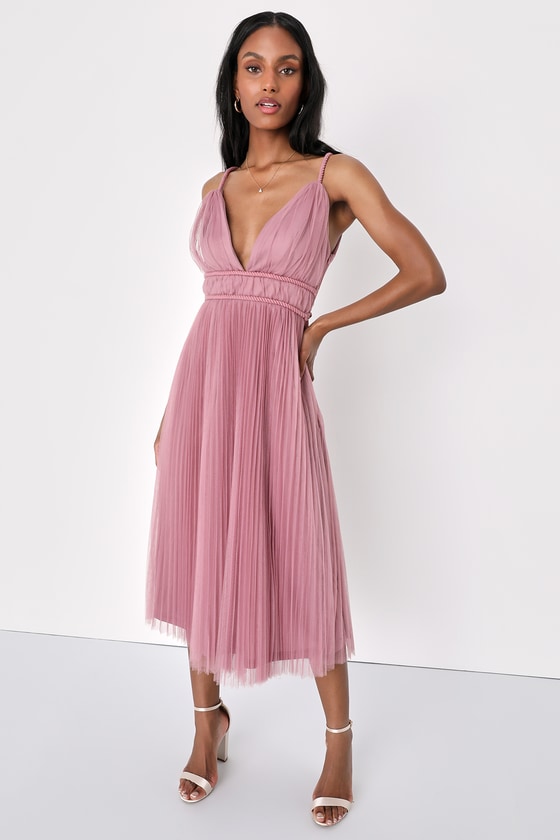 Lulus Sweet Goddess Mauve Mesh Pleated Sleeveless Midi Dress