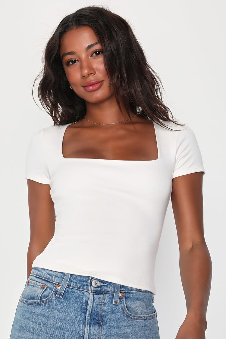 Sweetest Babe White Square Neck Short Sleeve Top