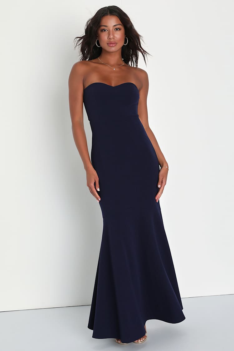 Strapless Bridesmaid Dress - Navy Blue Dress - Trumpet Hem Dress - Lulus