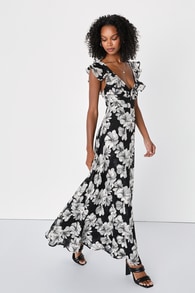 Flawless Poise Black Floral Jacquard Ruffled Maxi Dress