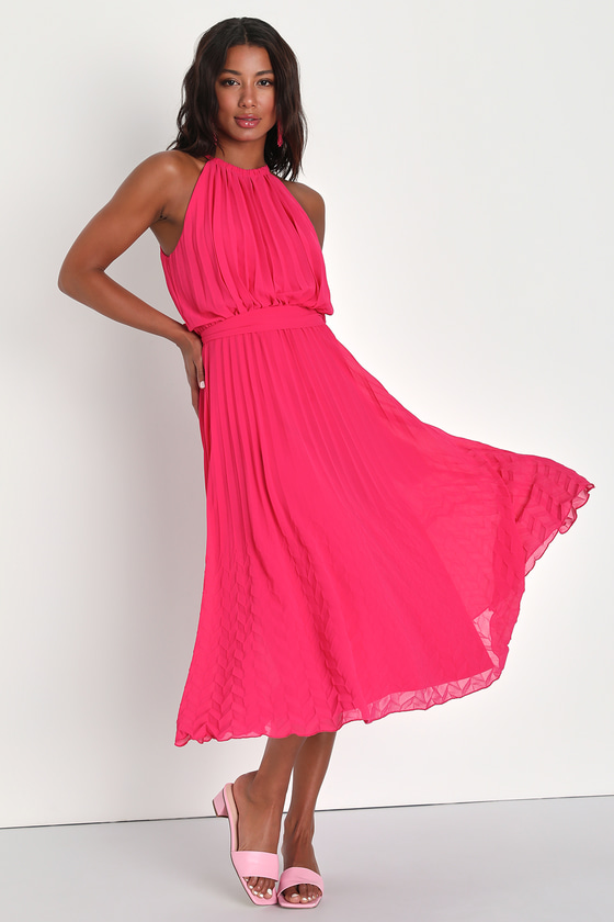 Hot Pink Pleated Dress - Halter Midi Dress - Pleated Halter Dress - Lulus