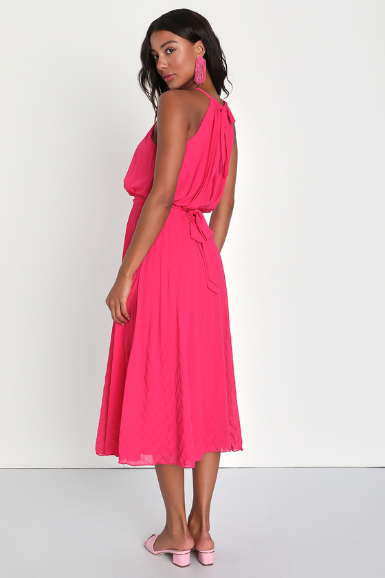 Hot Pink Pleated Dress - Halter Midi Dress - Pleated Halter Dress - Lulus