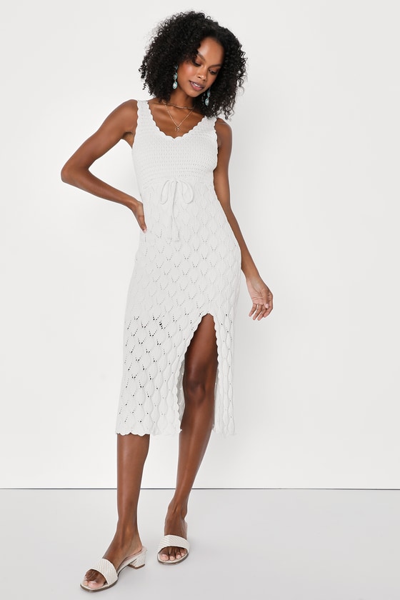 Beige Midi Dress - Sleeveless Crochet Dress - Lace-Up Dress - Lulus