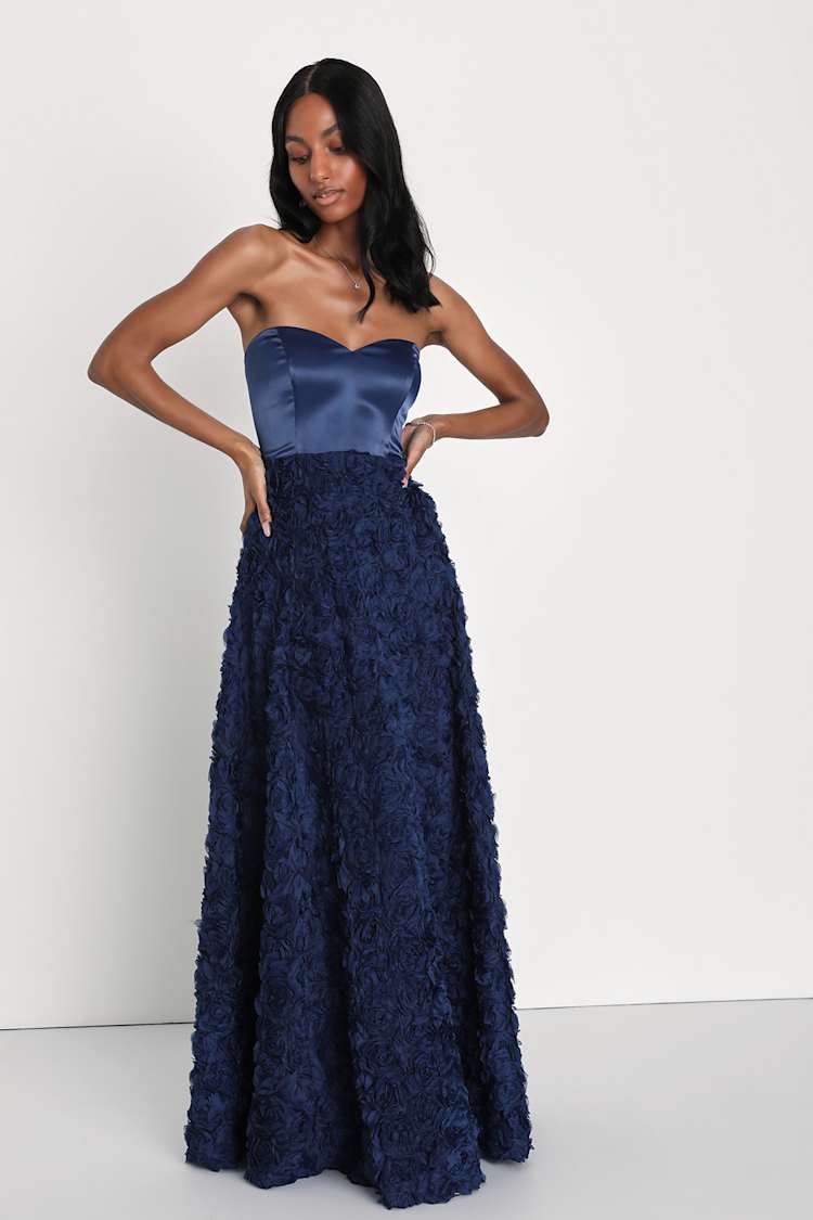 Strapless Navy Blue Sweep/Brush Train Formal Dresses main image 1