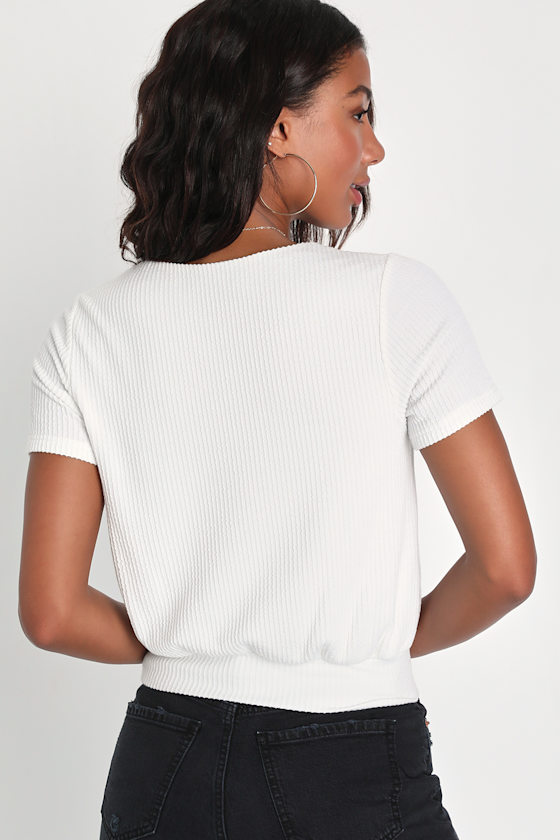 Best Energy White Ribbed Short Sleeve Surplice Top 4