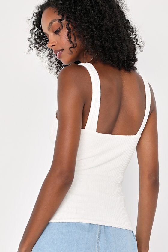 Ivory Tank Top - Textured Ribbed Knit Tank Top - Square Neck