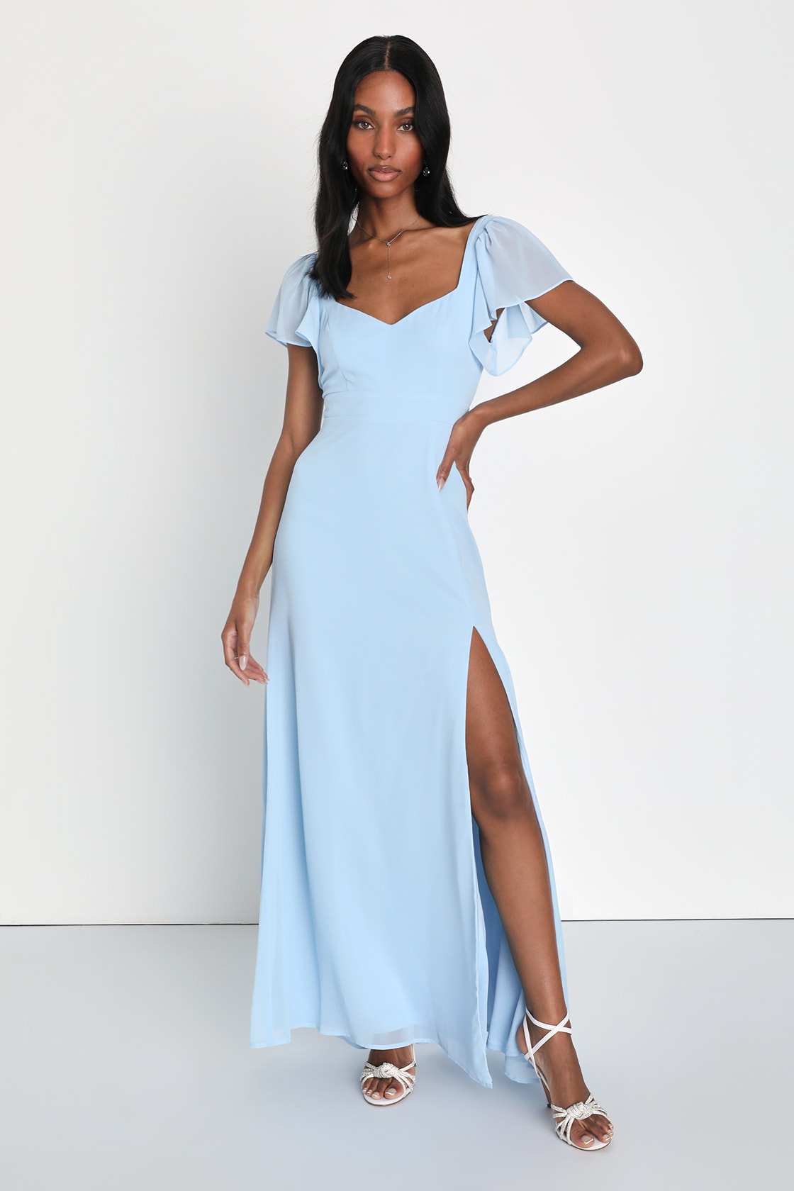 Simply Delightful Light Blue Tie-Back Flutter Sleeve Maxi Dress