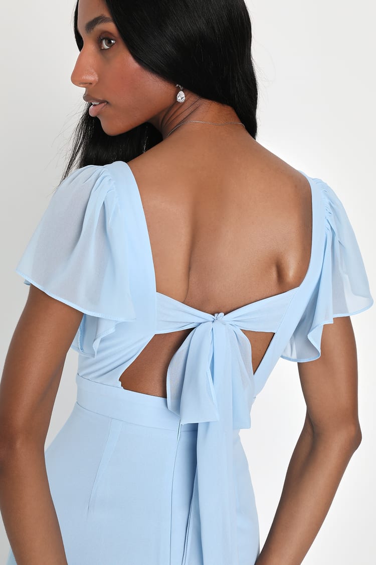 Simply Delightful Light Blue Tie-Back Flutter Sleeve Maxi Dress